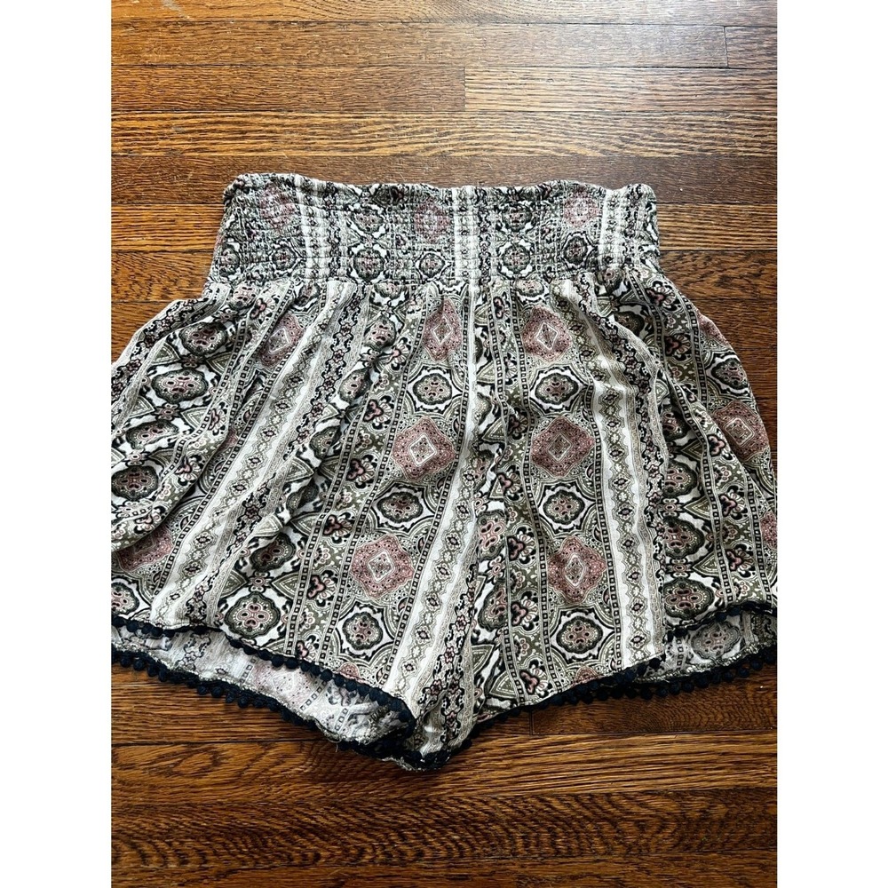 Three Dots Women Medallion Print Smocked Waist Pom Pom Trim Shorts Green Pink M